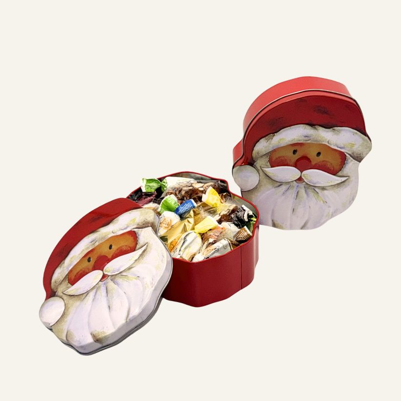 Scatola Natalizia in Latta con Volto di Babbo Natale – Assortimento di Torroncini