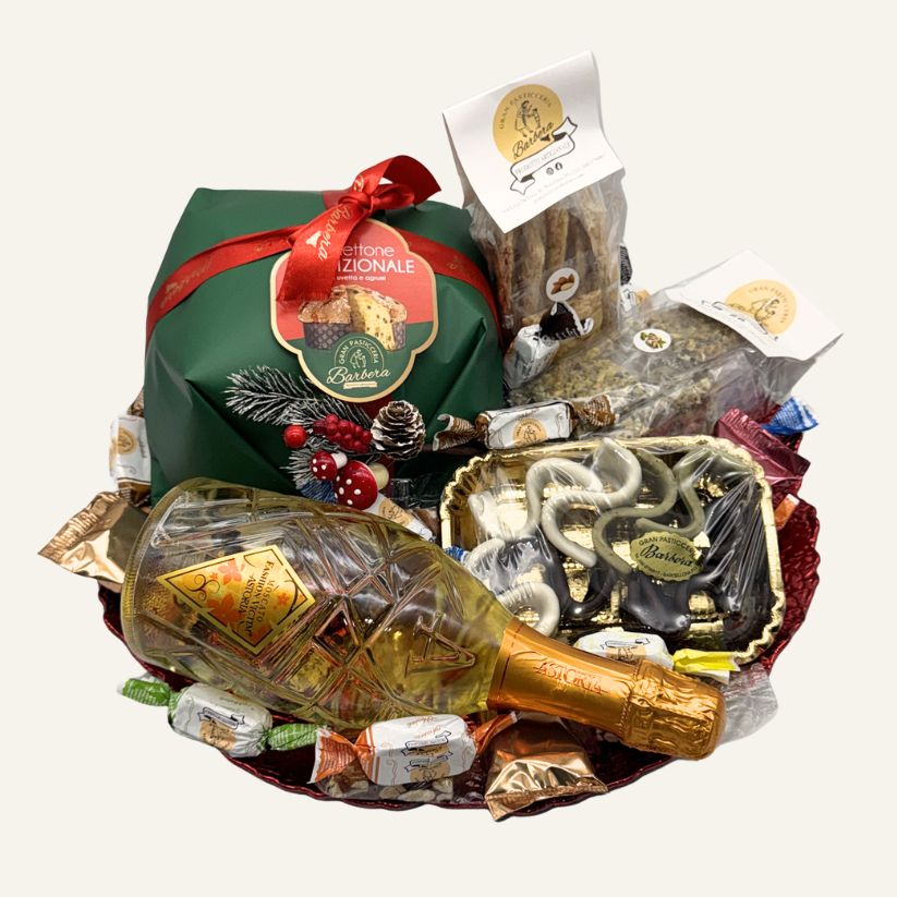 Cesto Regalo Natalizio con Panettone, Spumante e Delizie Artigianali