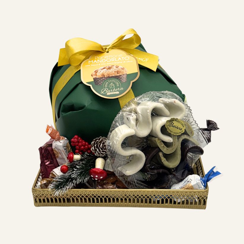 Vassoio Regalo in Ferro con Fondo a Specchio, Panettone Mandorlato e Torroni Artigianali